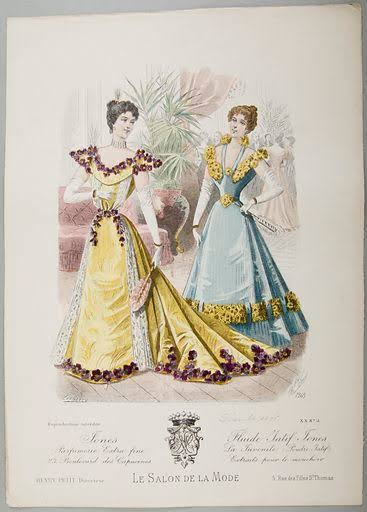Women's ball fashion for December 1895 from the magazine LE SALON DE LA MODE (Year XX table 51). Polish original: Moda balowa kobieca na grudzień 1895 z czasopisma LE SALON DE LA MODE (Rocznik XX tabl.51). Creator: Lefranco. Creator role: author. Date: 1895. Object Number: MNK III-ryc.-560/63.